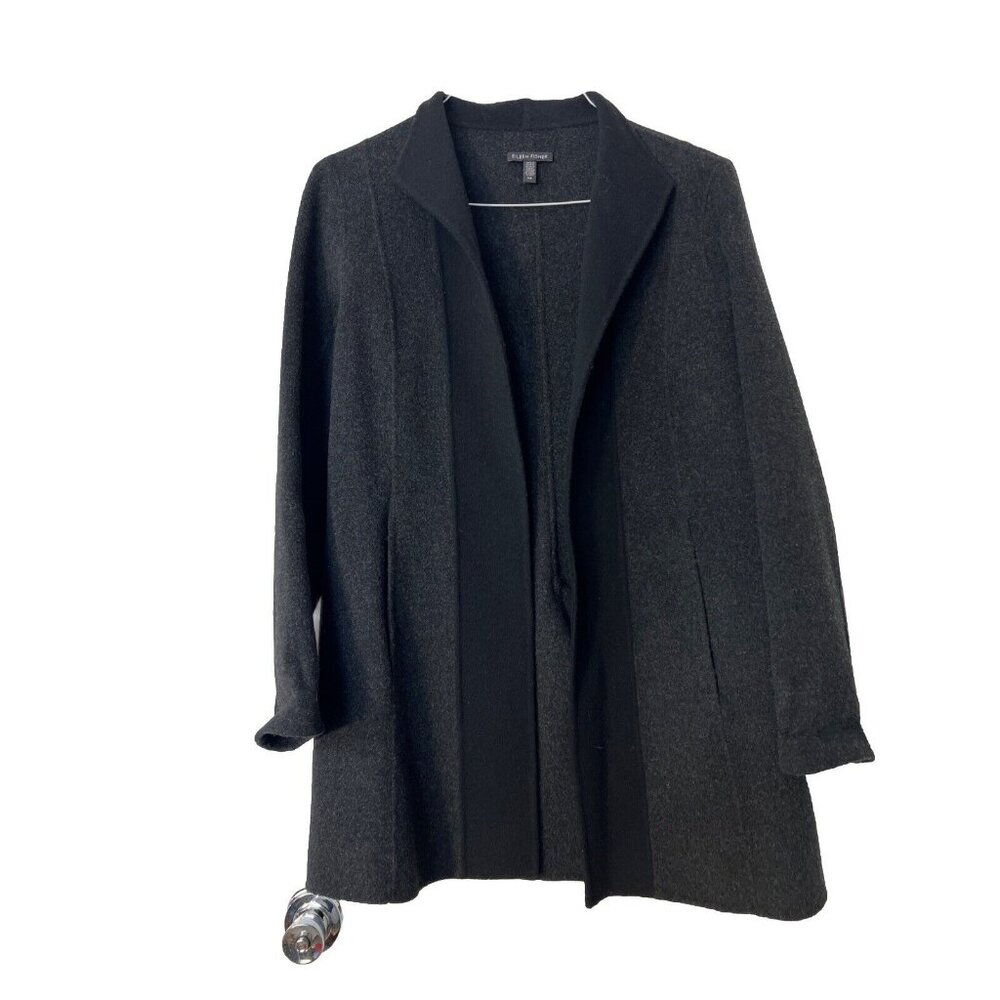 Eileen Fisher Sz S/P Wool blend Open Cardigan Jacket‎ Gray With Black Front Trim